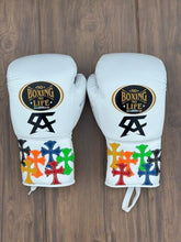 No Boxing No Life White Boxing Gloves – Multicolor Cross Edition (SA Logo) | Mexican Professional Gloves 8oz–16oz